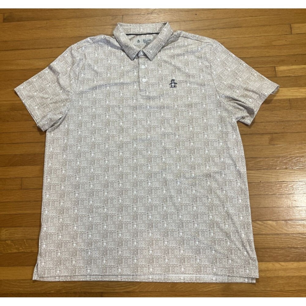 Penguin Polo Shirt Mens XXL 2XL Brown Casual Short Sleeve All Over Print